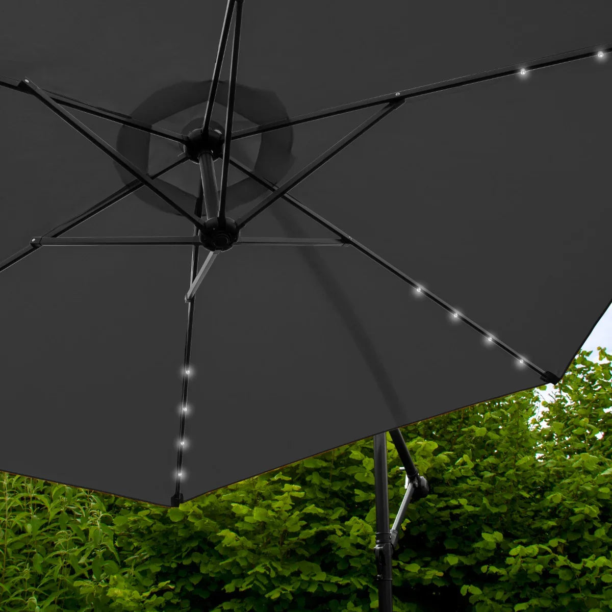 Grey 3m LED cantilever parasol with a sleek design, featuring built-in lights and a sturdy base, perfect for outdoor relaxation