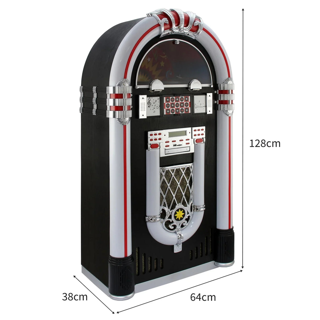 Retro vinyl jukebox and CD case with chrome accents, black body, and colorful LED lights, measuring 128cm tall and 64cm wide