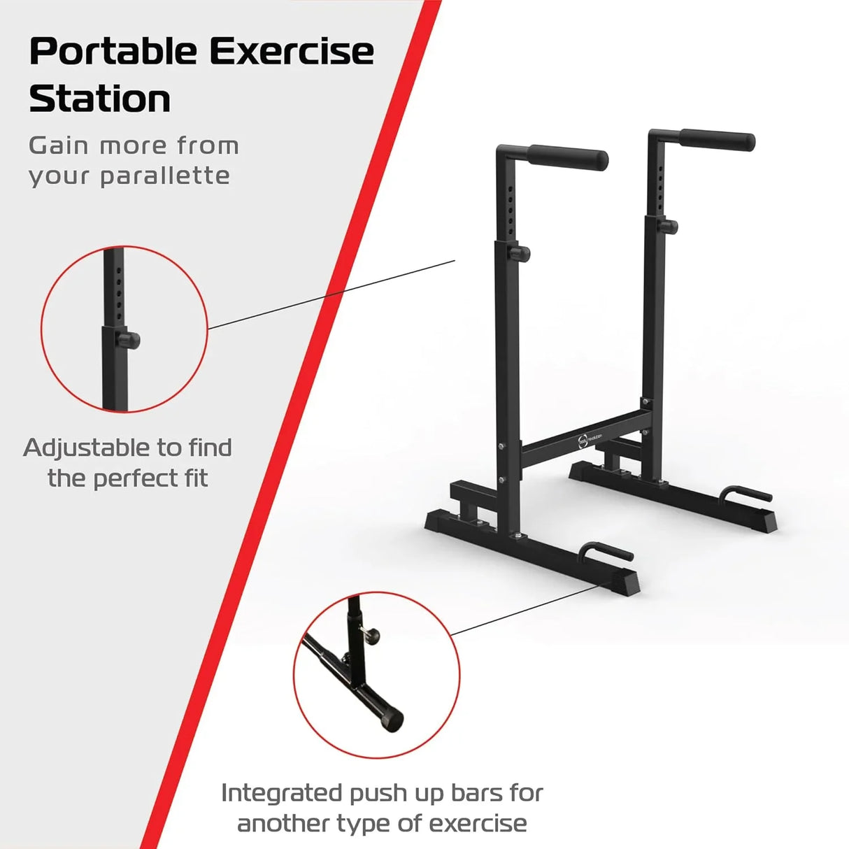 Adjustable black parallettes dip bars XL with integrated push-up bars, designed for versatile strength training and fitness workouts