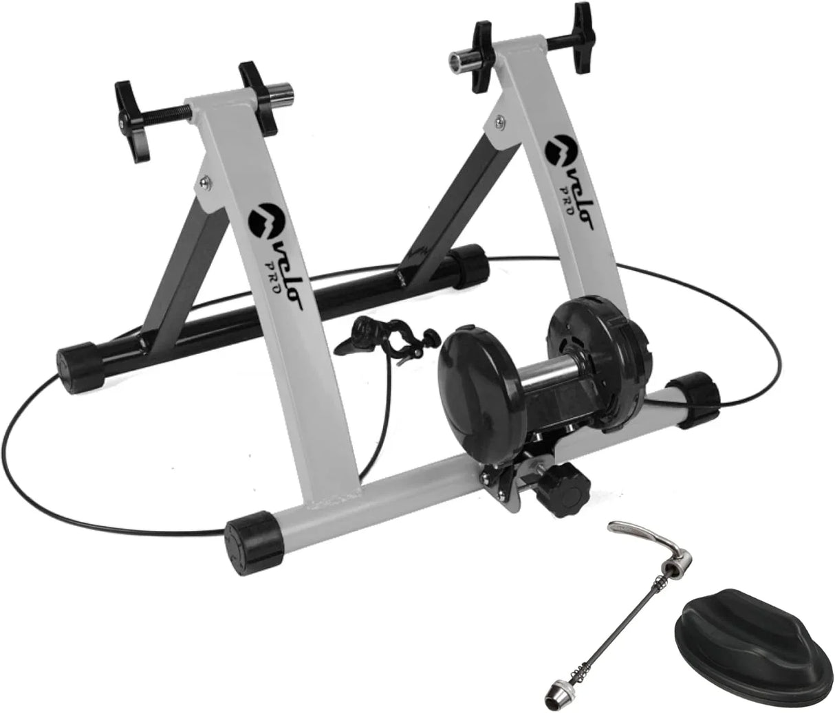 Velo Pro Silver Magnetic Turbo Trainer features a sturdy silver and black frame, adjustable resistance, and includes a quick-release skewer and rubber feet for stability