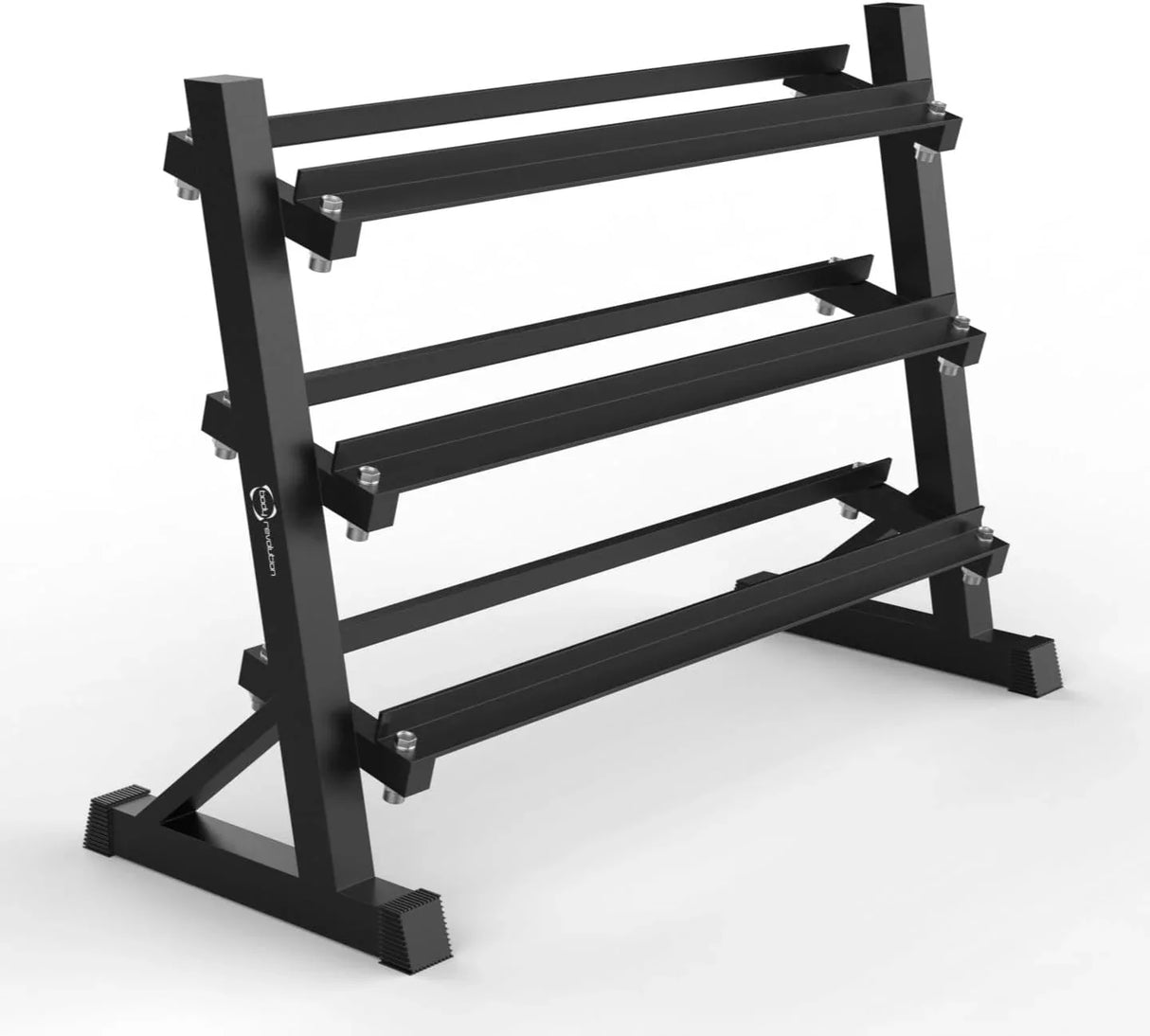 Wide 3-tier dumbbell rack featuring a sturdy black metal frame, designed for organized weight storage and easy access