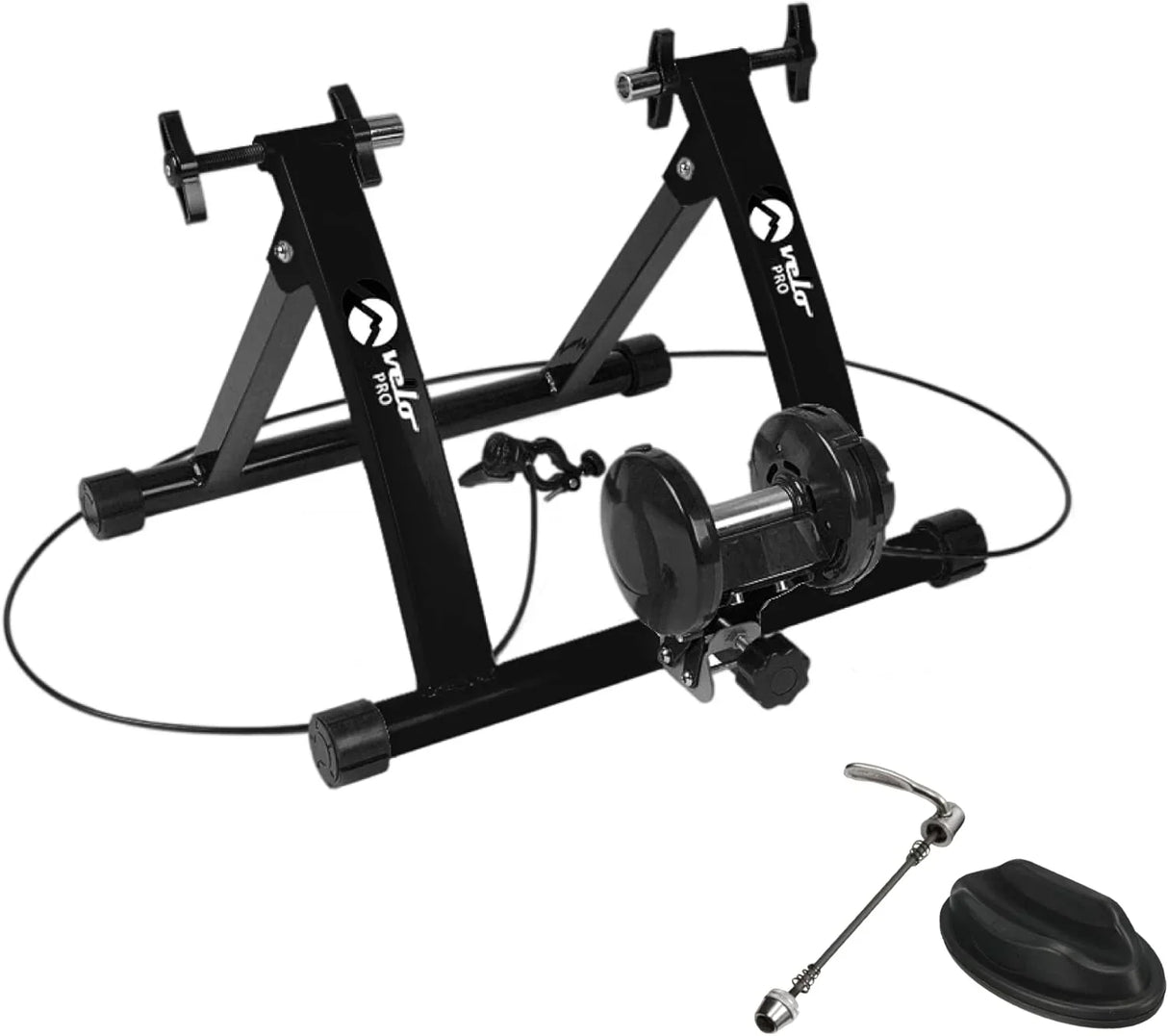 Velo Pro Black Magnetic Turbo Trainer features a sturdy black frame, adjustable resistance, and includes a quick-release skewer for easy setup