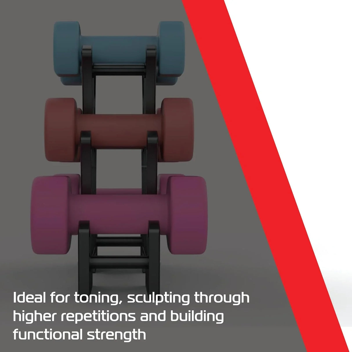 12kg neoprene dumbbell set in pink and purple on a black rack, ideal for toning and building functional strength