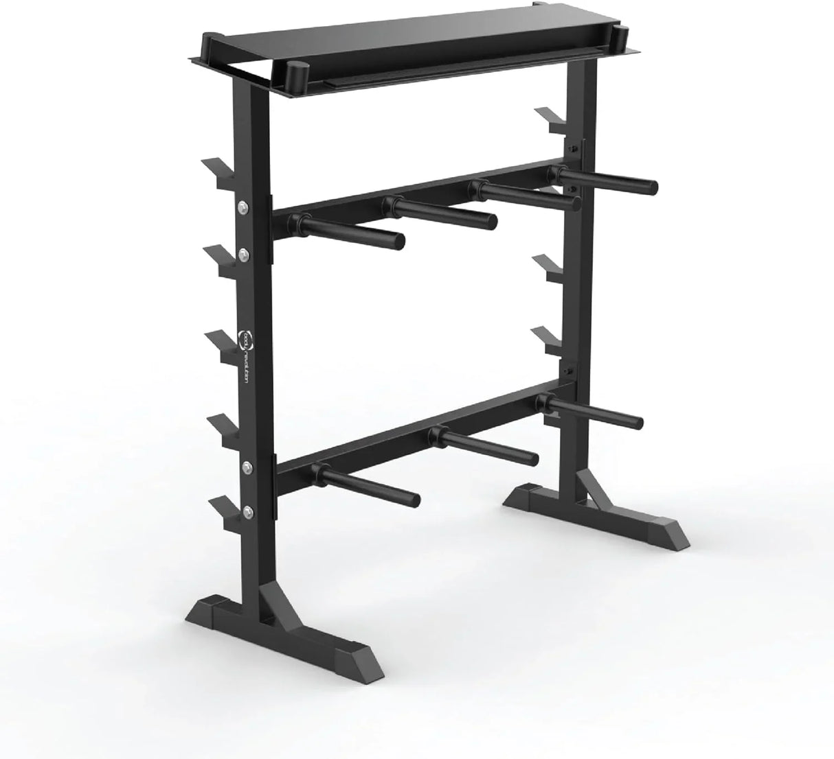 Heavy duty A-frame dumbbell rack in sleek black metal, featuring multiple storage slots and a sturdy base for gym organization