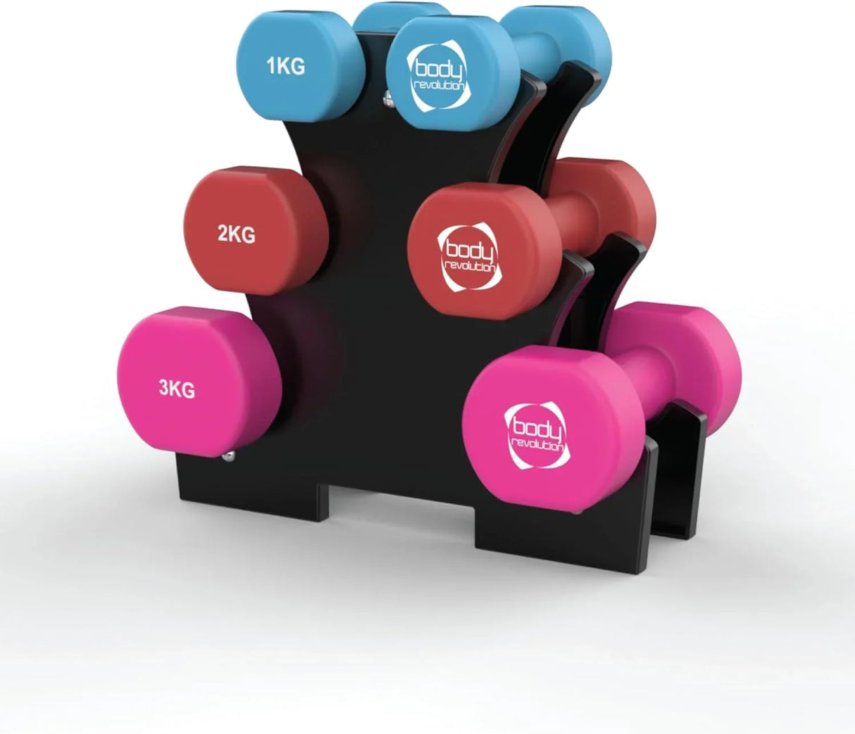 Colorful 12kg neoprene dumbbell set with rack, featuring pink, blue, and red weights in various sizes, sturdy black stand