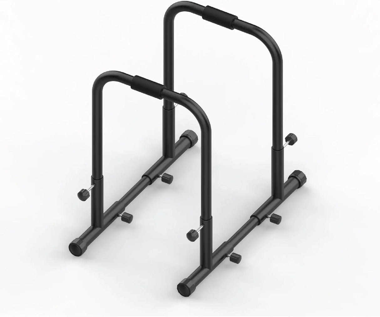 Large black parallettes push-up handles with sturdy metal construction, featuring rubber grips and adjustable height for stability