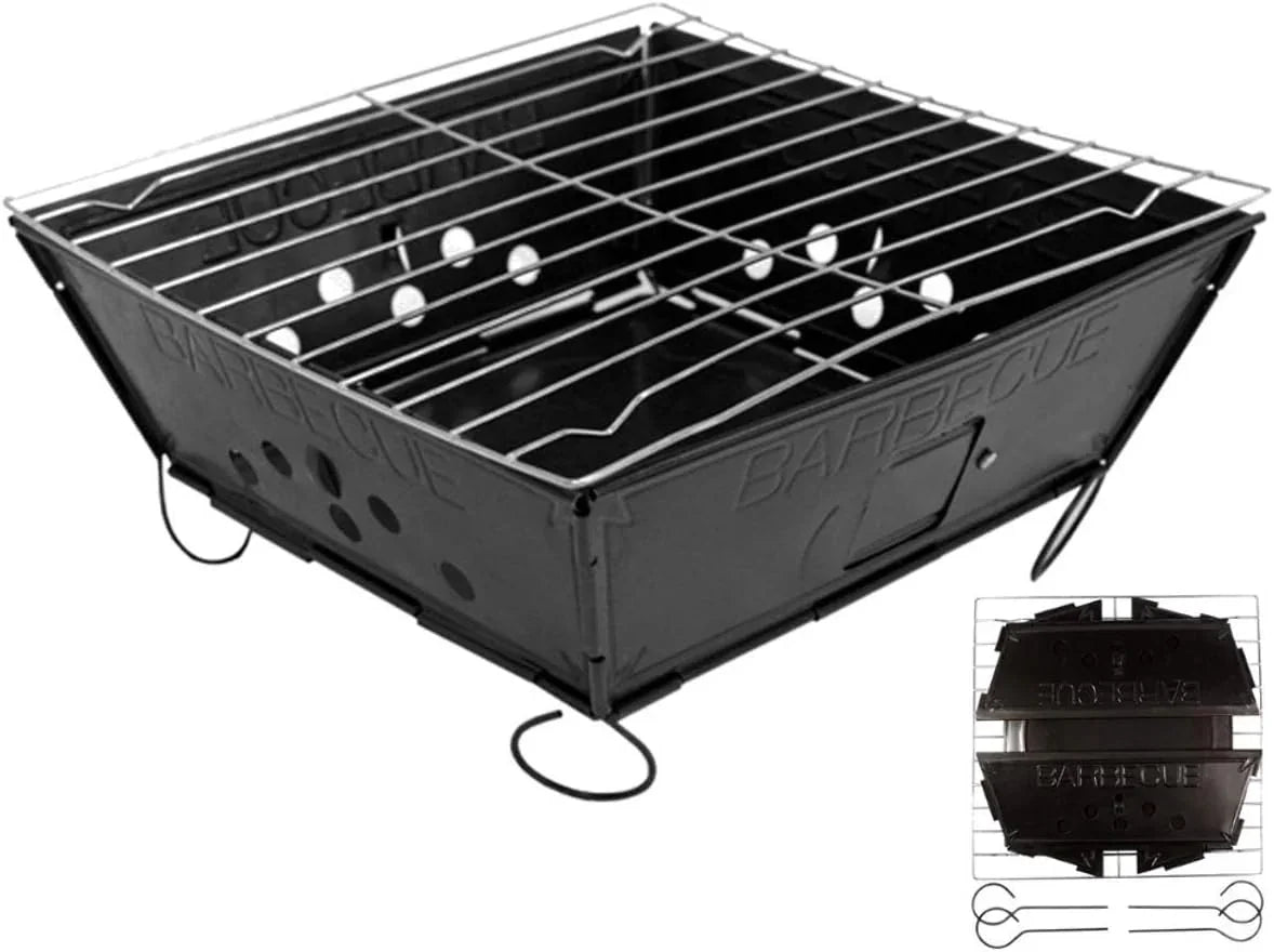 Small portable BBQ grill in black metal with a sleek design, featuring a removable grilling rack and sturdy legs for outdoor cooking