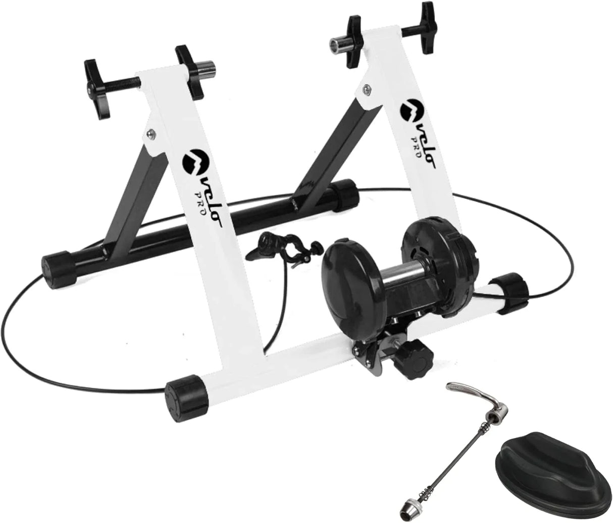 Velo Pro White Magnetic Turbo Trainer with sturdy black and white frame, adjustable resistance, and included quick-release skewer for bikes