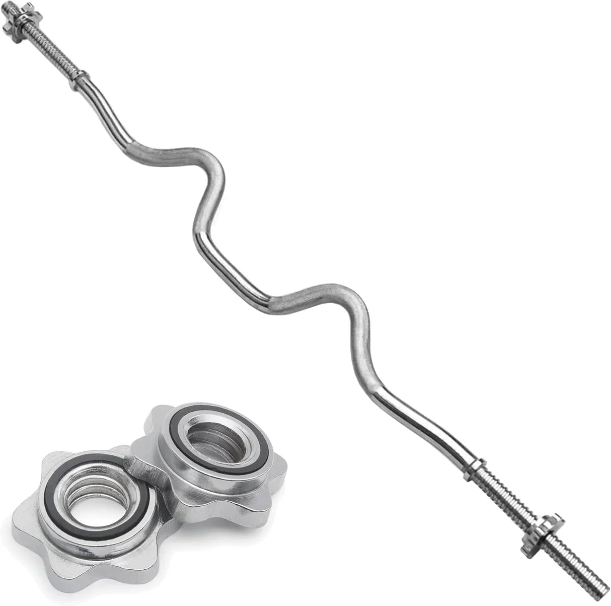 Super Curl Barbell Bar with a wavy design, made of durable steel, includes two star-shaped collars for secure weight attachment