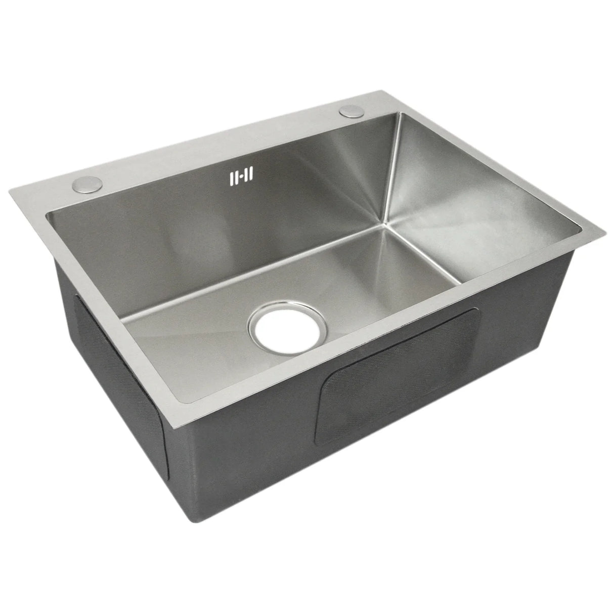 Single stainless steel sink with a sleek, brushed finish, rectangular shape, and a central drain hole for easy installation