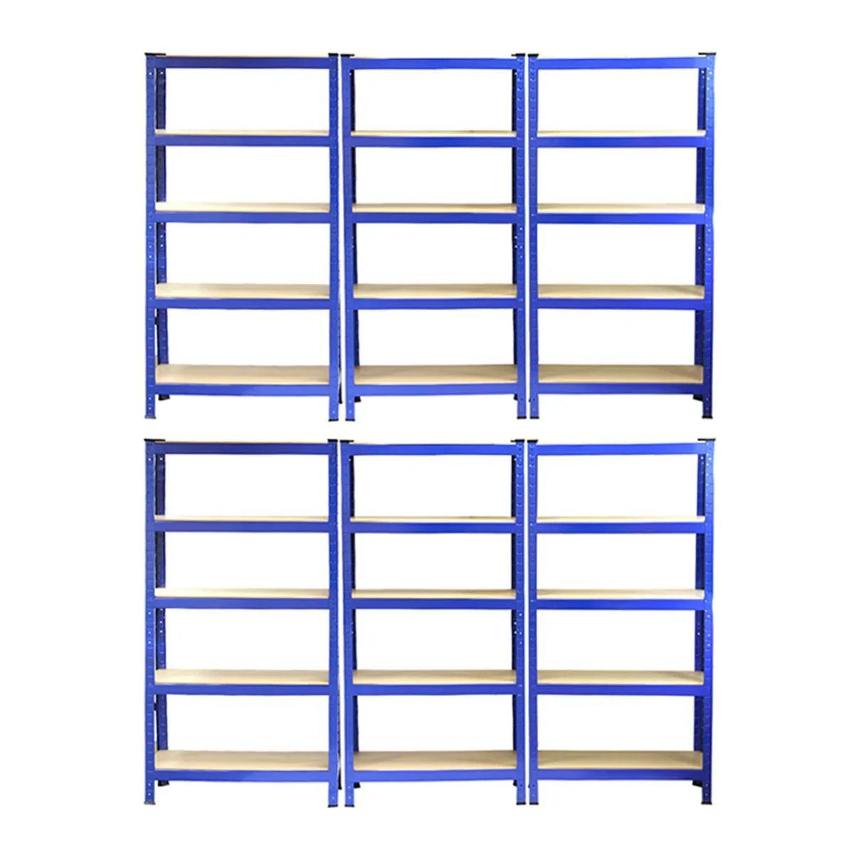 Heavy-duty blue shelving units, 75cm wide and 30cm deep, featuring six sturdy shelves for optimal storage and organization