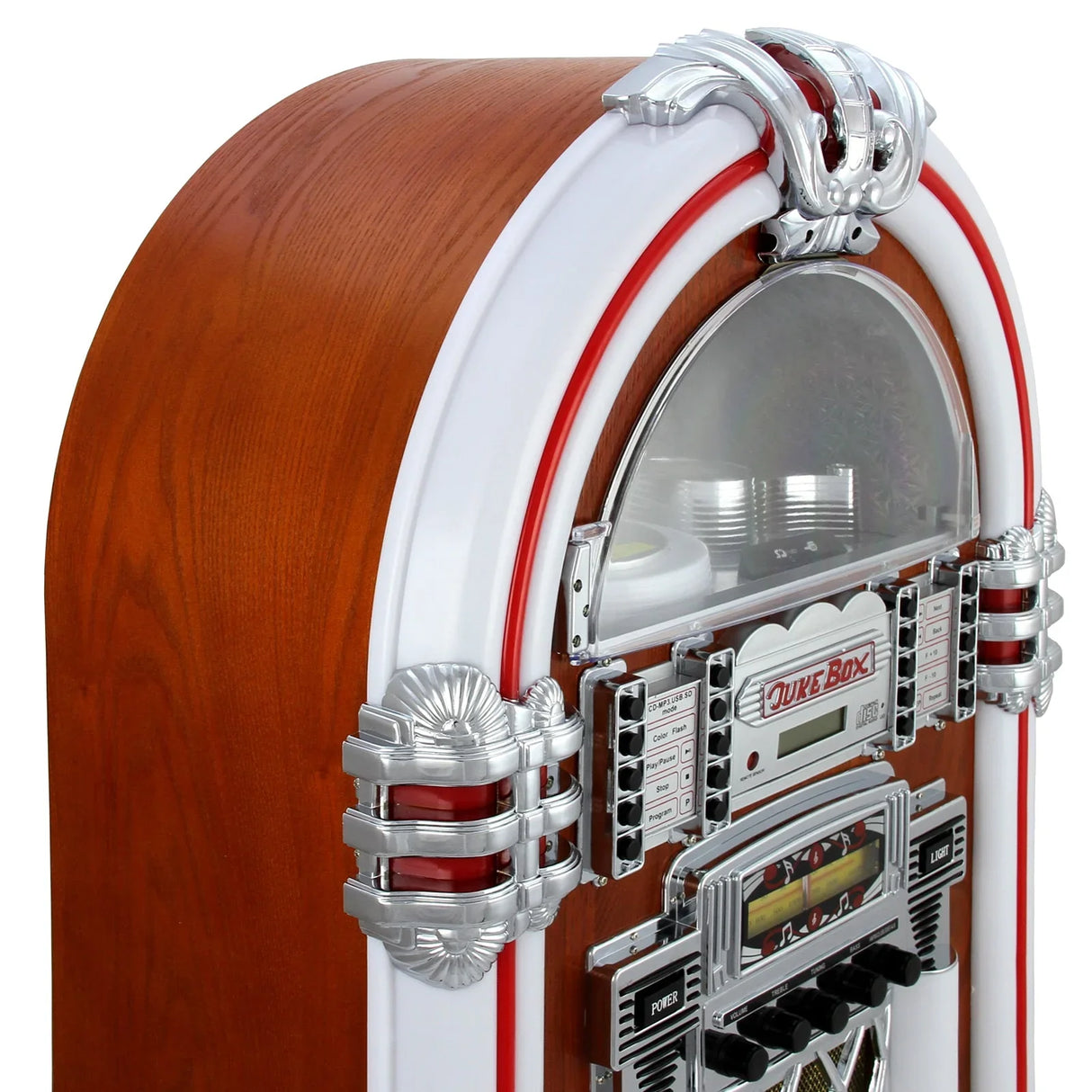 Retro jukebox with polished wood finish, chrome accents, and vibrant red details, featuring a classic design and illuminated display