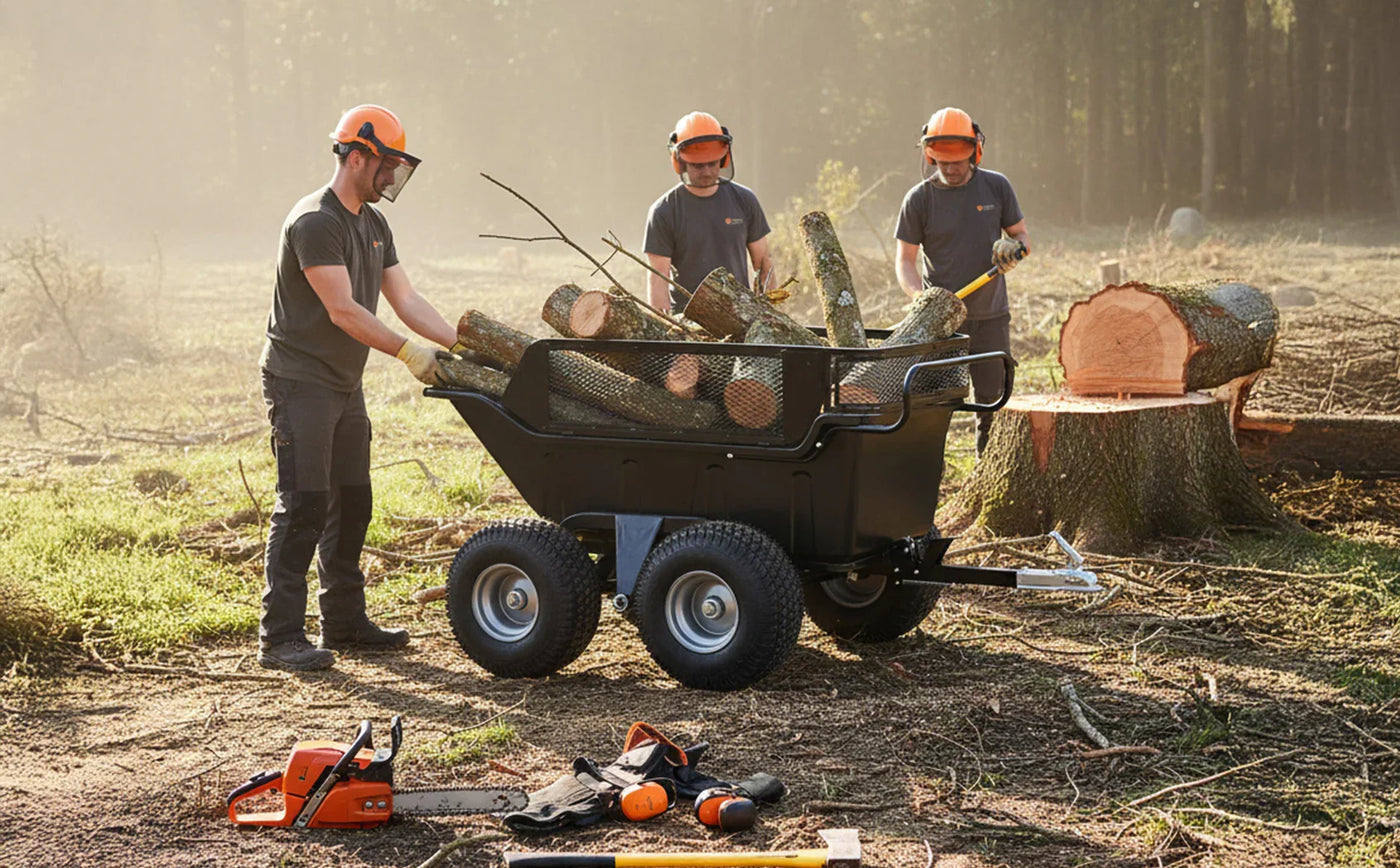 Three workers in helmets load logs into a black cart in a forest, with a chainsaw and safety gear nearby, surrounded by trees