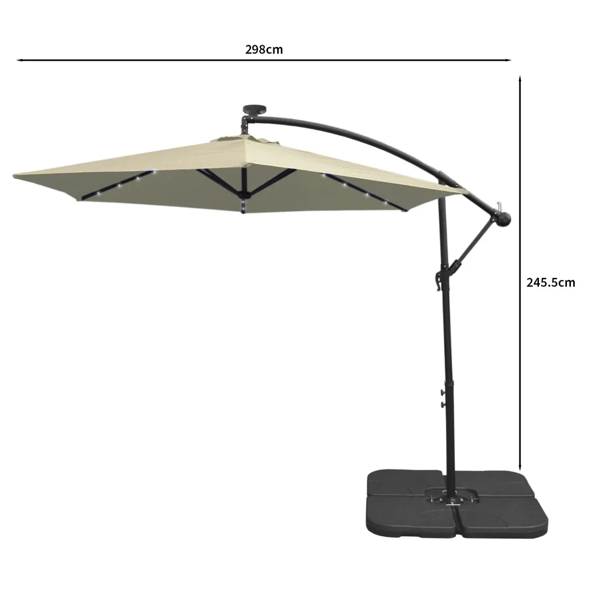 Cream 3m LED cantilever parasol with a sturdy black base, featuring a sleek, modern design and adjustable canopy for optimal shade