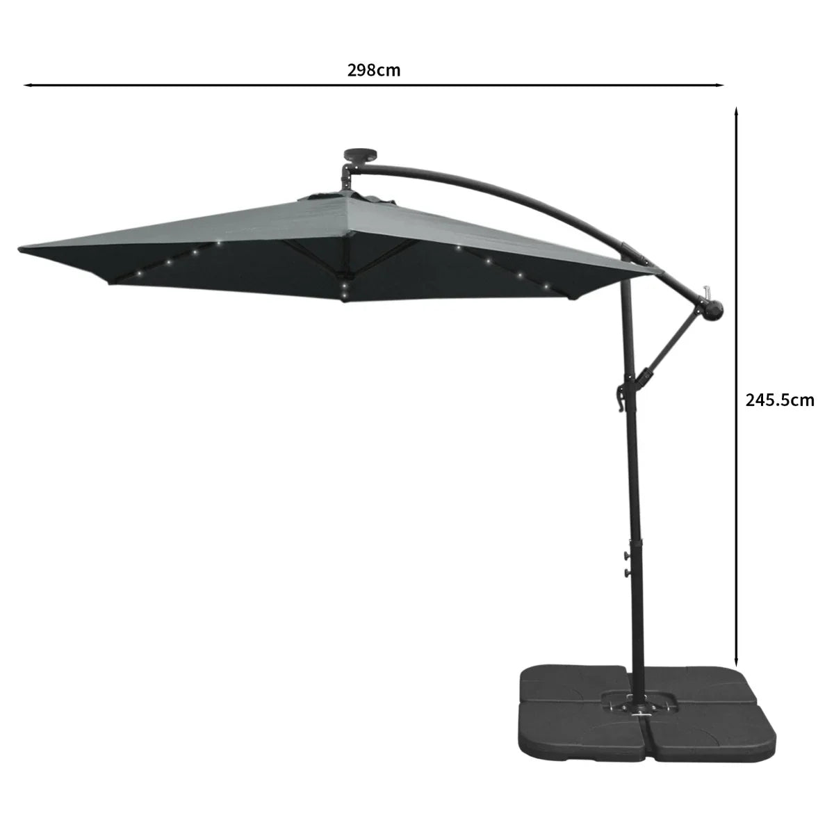 Grey 3m LED cantilever parasol with a sturdy black base, featuring a sleek, modern design and adjustable arm for optimal shade