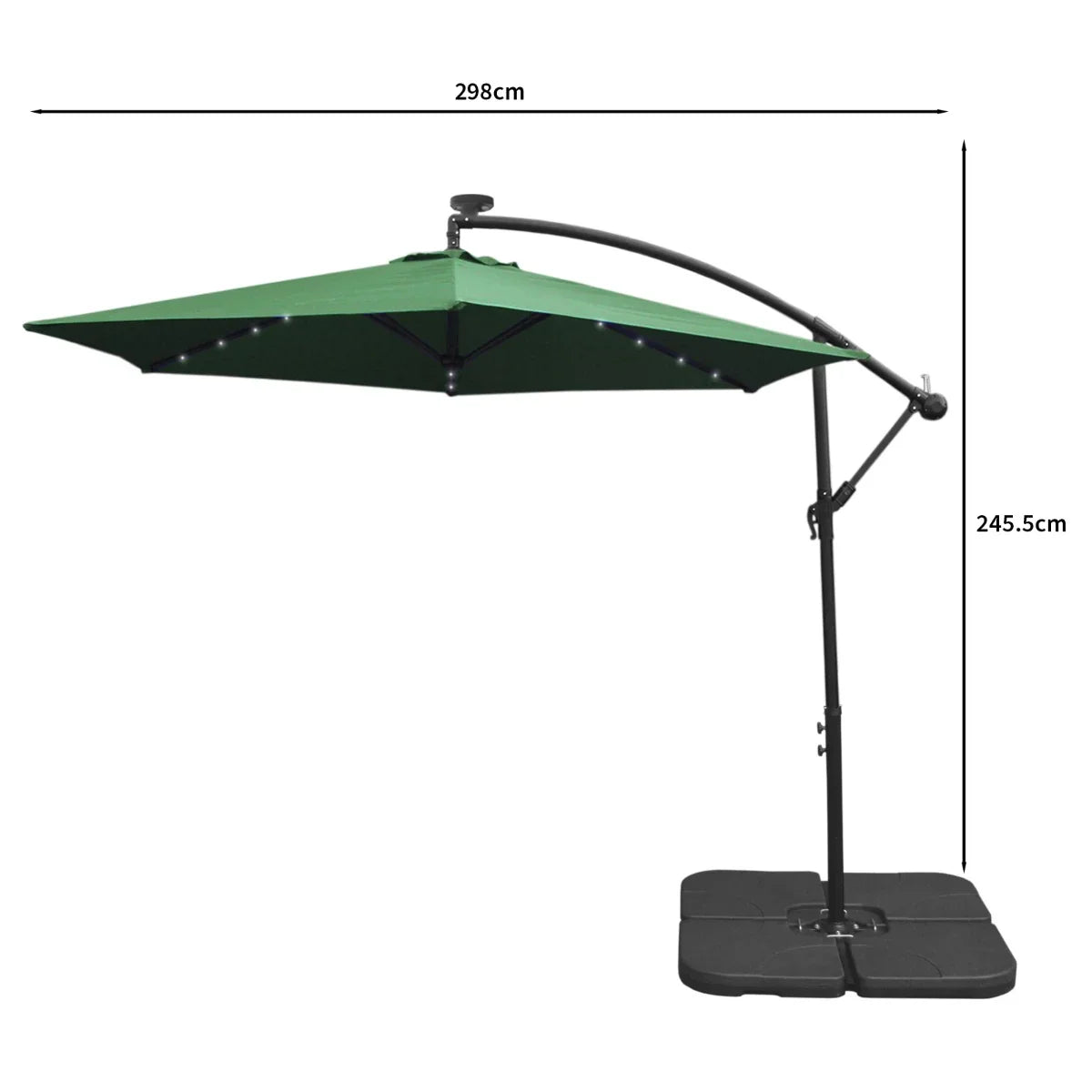 Green 3m LED cantilever parasol with a sturdy black base, featuring a spacious canopy and adjustable arm for optimal shade coverage