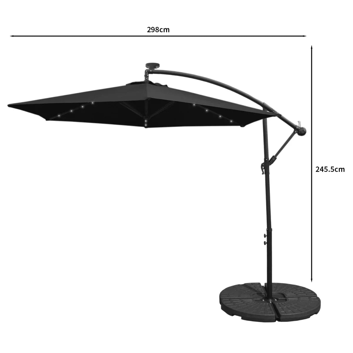 Black 3m LED cantilever parasol with a sturdy fan base, featuring a sleek design and adjustable canopy for optimal shade coverage