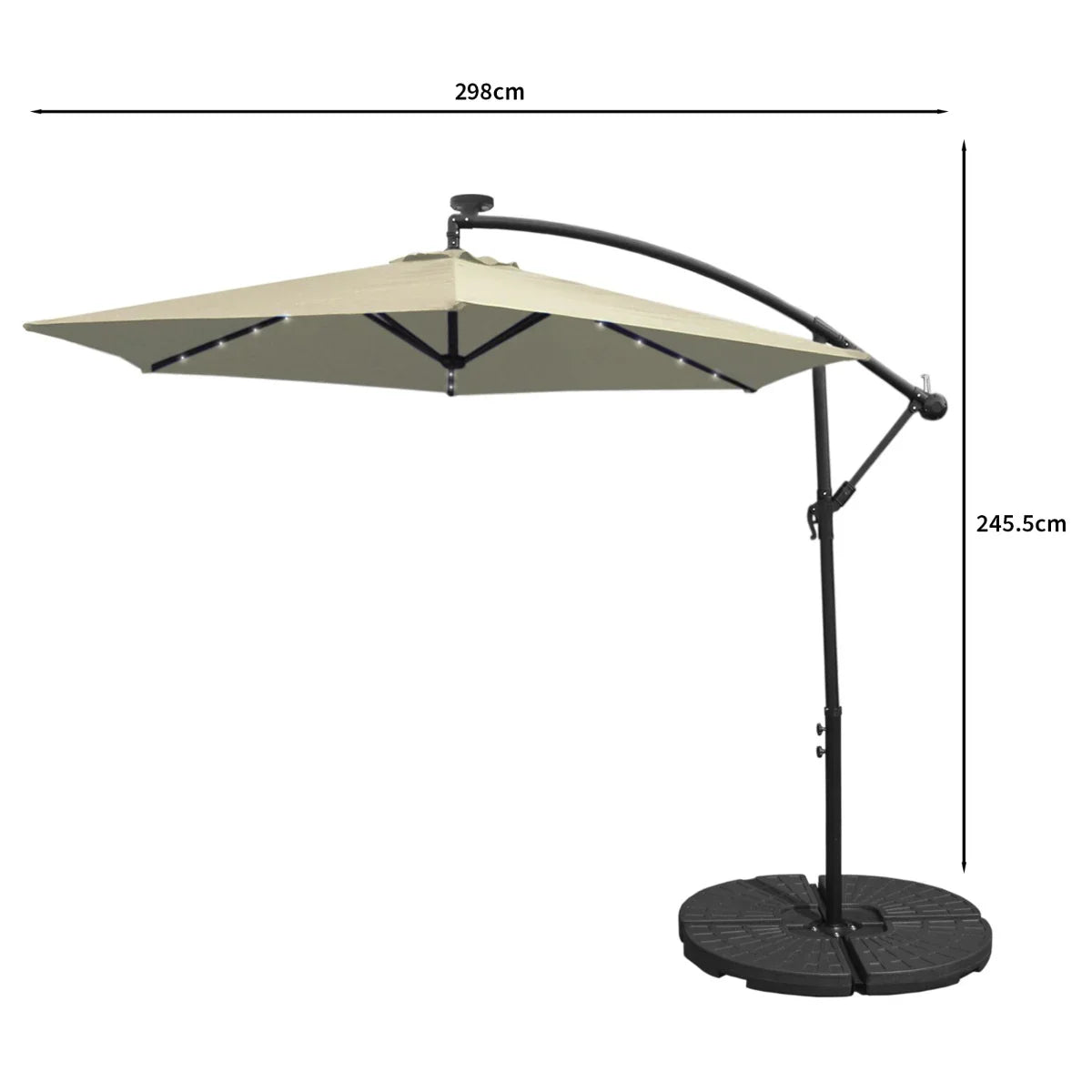Cream 3m LED cantilever parasol with a sturdy fan base, featuring a sleek design and adjustable arm for optimal shade coverage