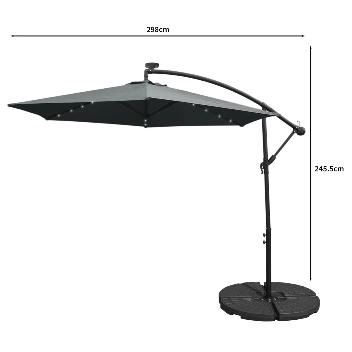 Grey 3m LED cantilever parasol with a sturdy fan base, featuring a sleek design and adjustable arm for optimal shade coverage
