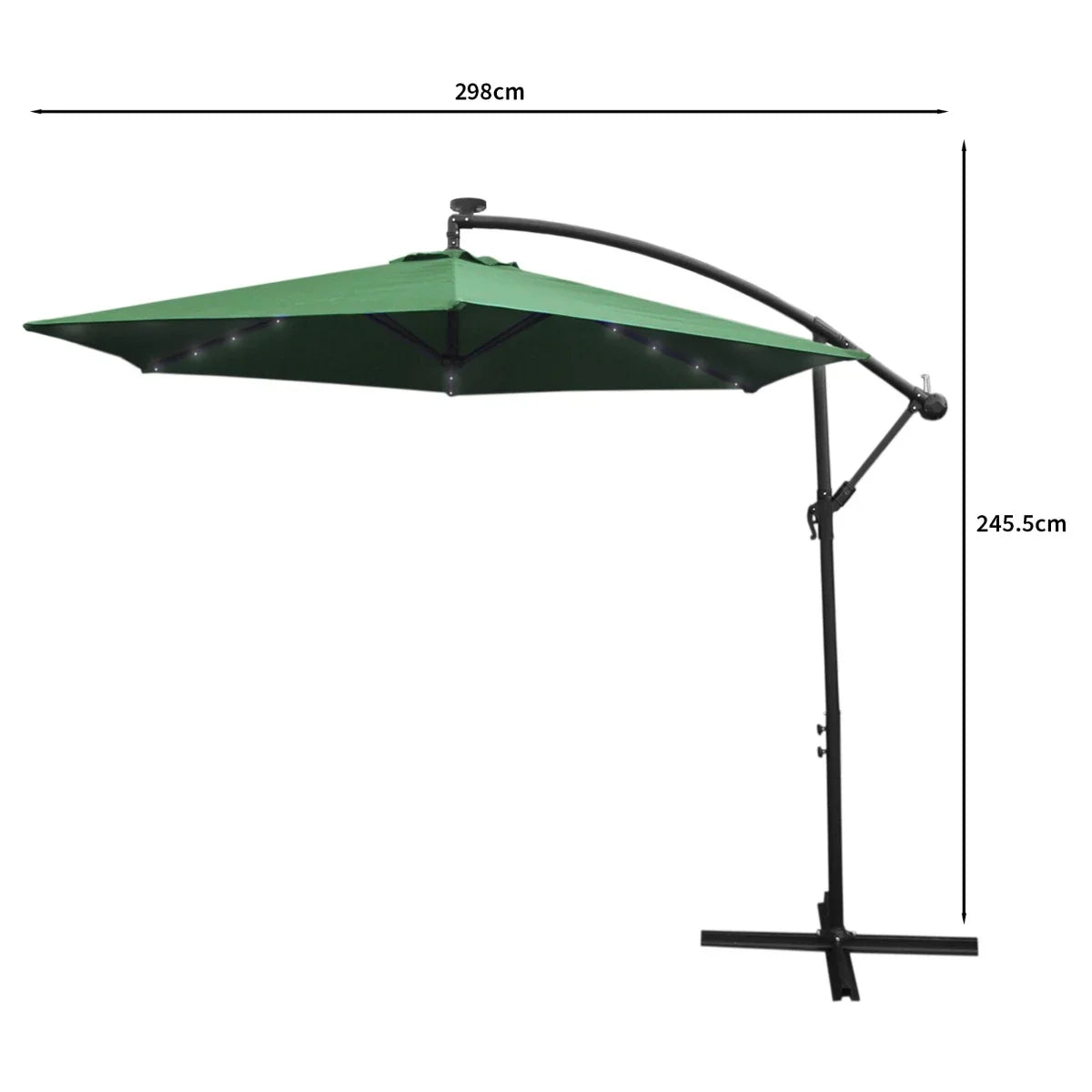 Green 3m cantilever parasol with a sturdy fan base, featuring a sleek design and adjustable canopy for optimal shade coverage