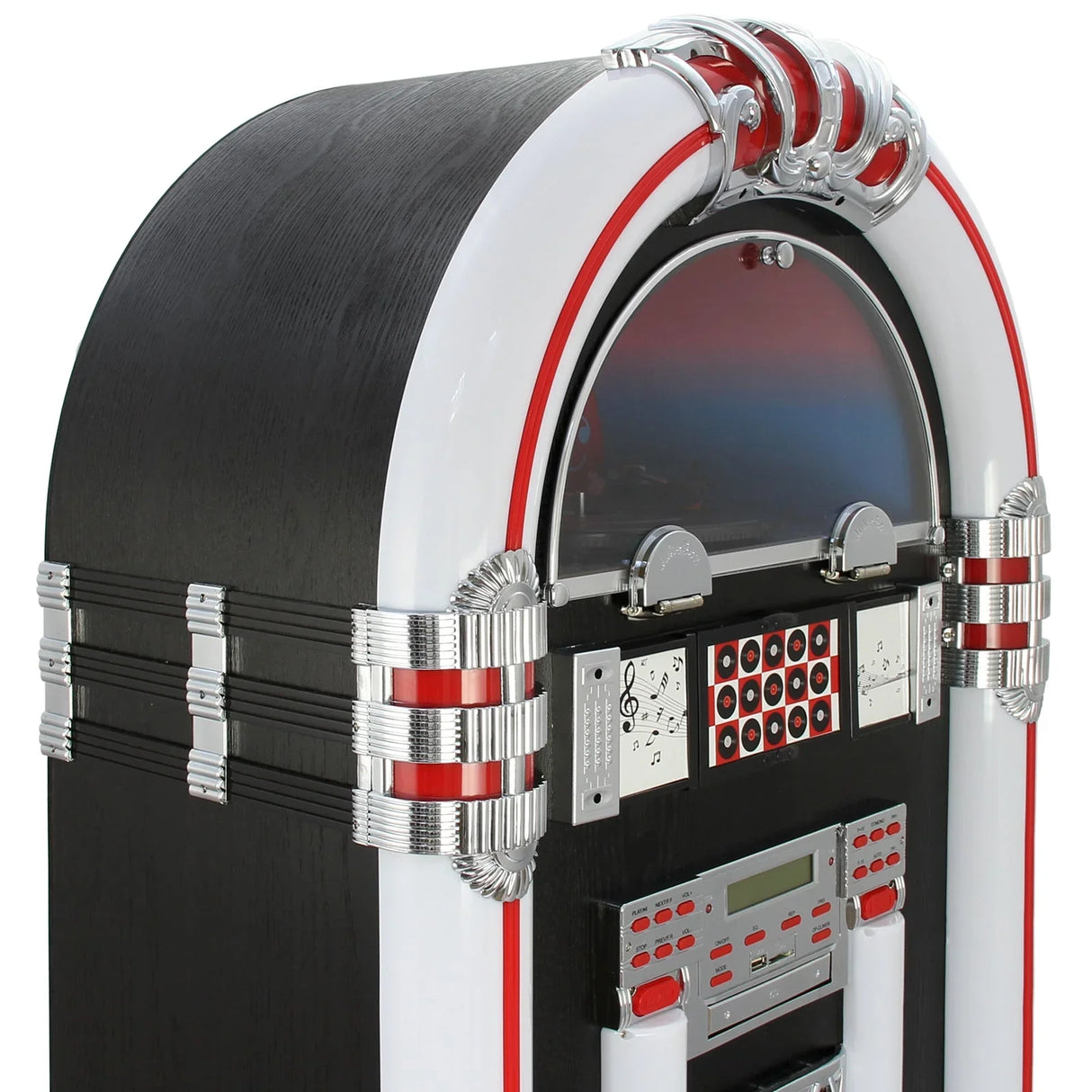 Retro vinyl jukebox with a sleek black and white design, chrome accents, and vibrant red details, showcasing a modern CD case