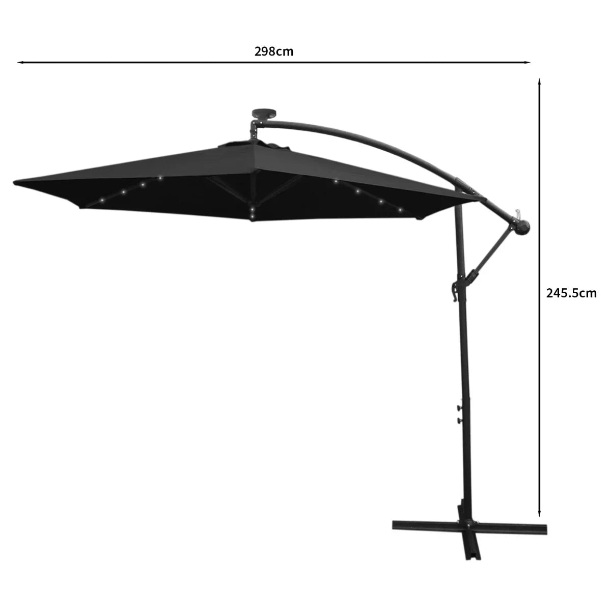 Black 3m LED cantilever parasol with a sleek design, featuring a sturdy frame and illuminated canopy for outdoor shade and ambiance