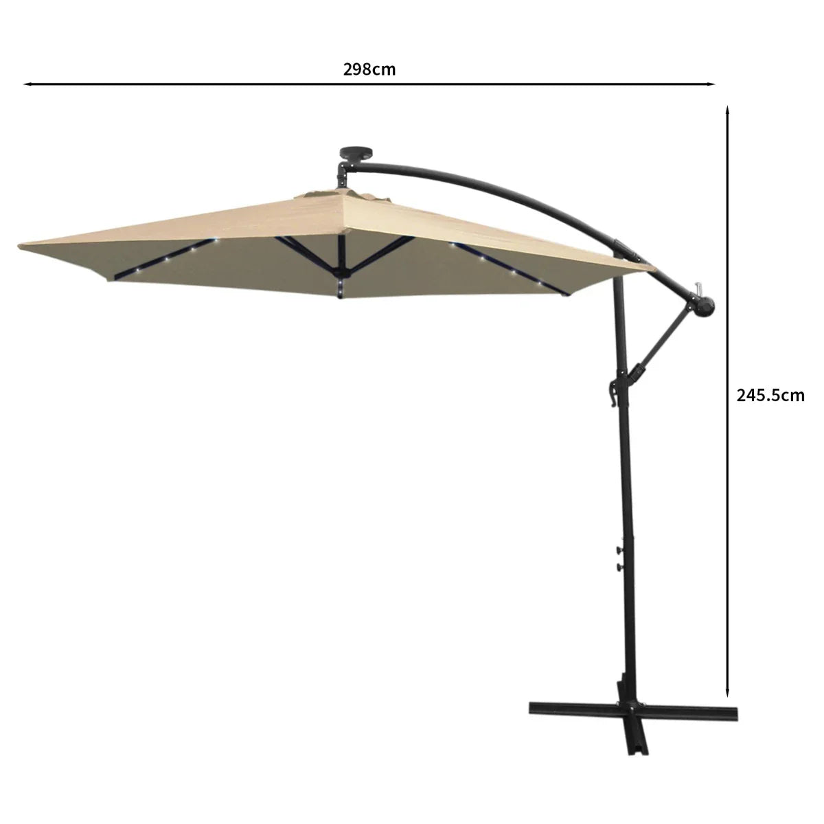 Beige 3m LED cantilever parasol with a sturdy black frame, featuring a unique cantilever design and adjustable height for outdoor shade