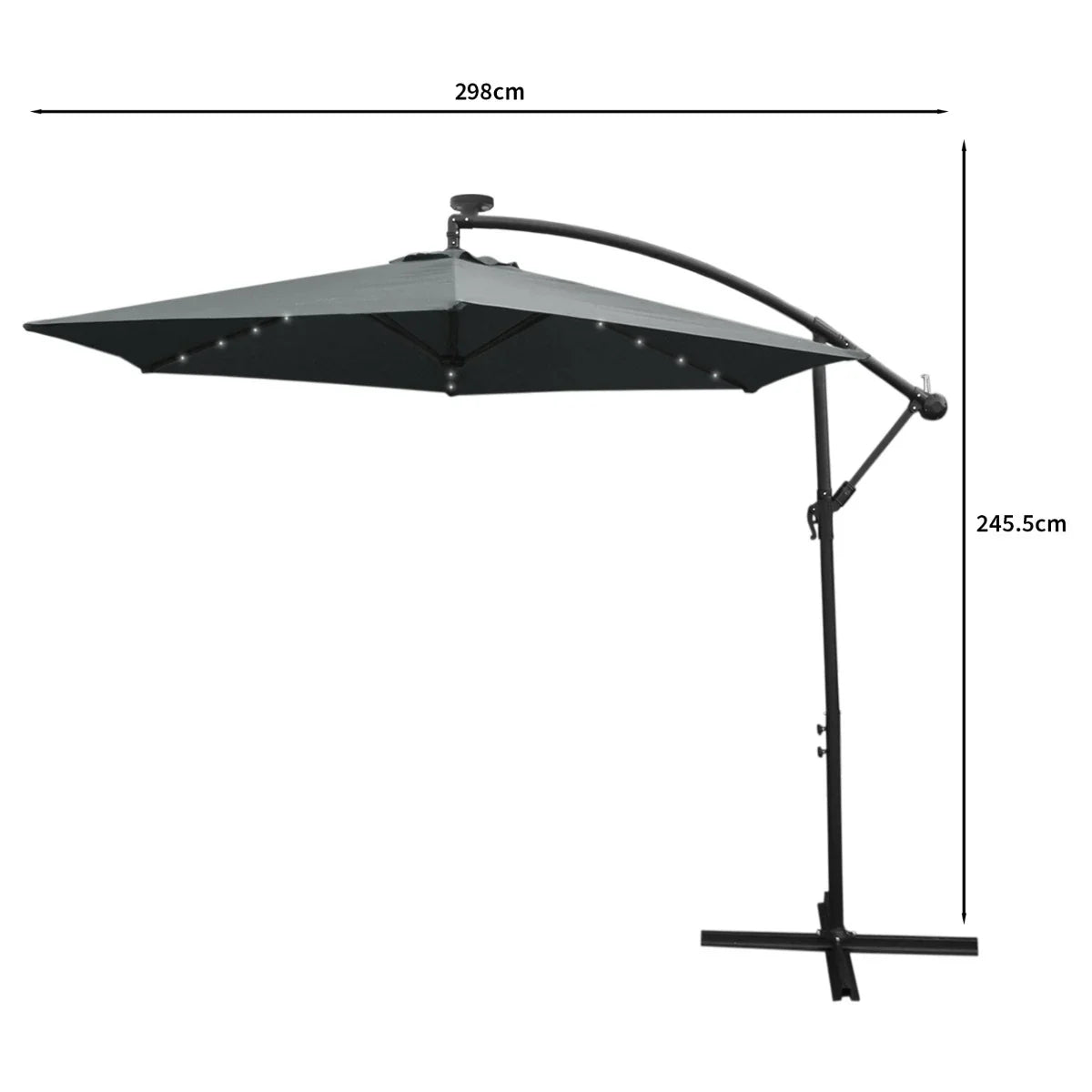 Grey 3m LED cantilever parasol with a sleek, square canopy, sturdy black frame, and adjustable height for optimal shade coverage