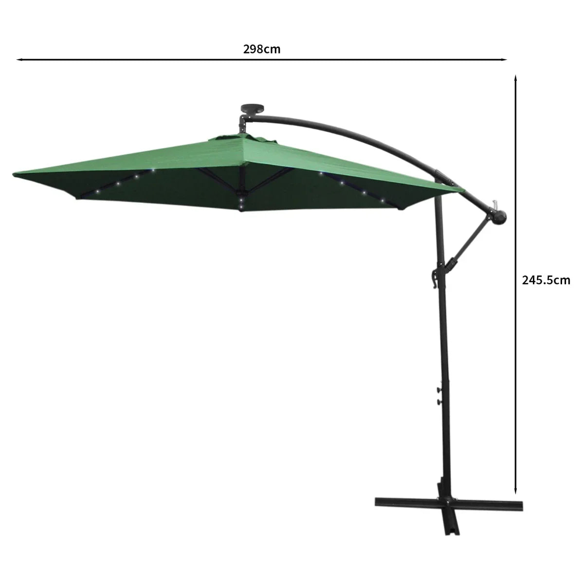Green 3m LED cantilever parasol with a sturdy black frame, featuring a square canopy and adjustable height for outdoor shade