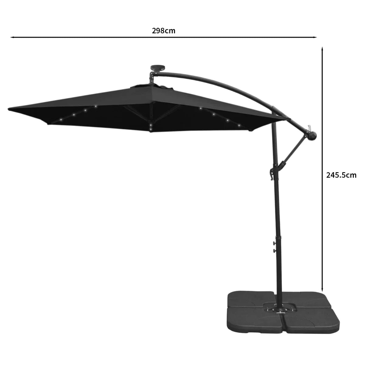 Black 3m LED cantilever parasol with a sleek design, featuring a sturdy plain base and adjustable arm for optimal shade coverage