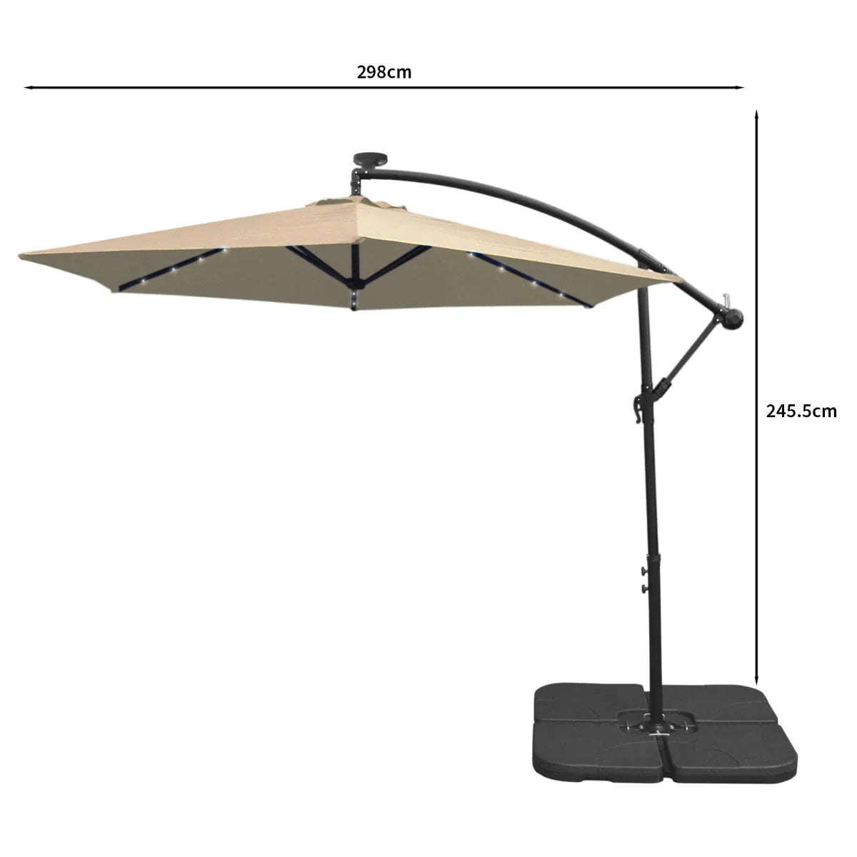 Beige 3m LED cantilever parasol with a sleek black base, featuring a curved arm and a spacious square canopy for ample shade