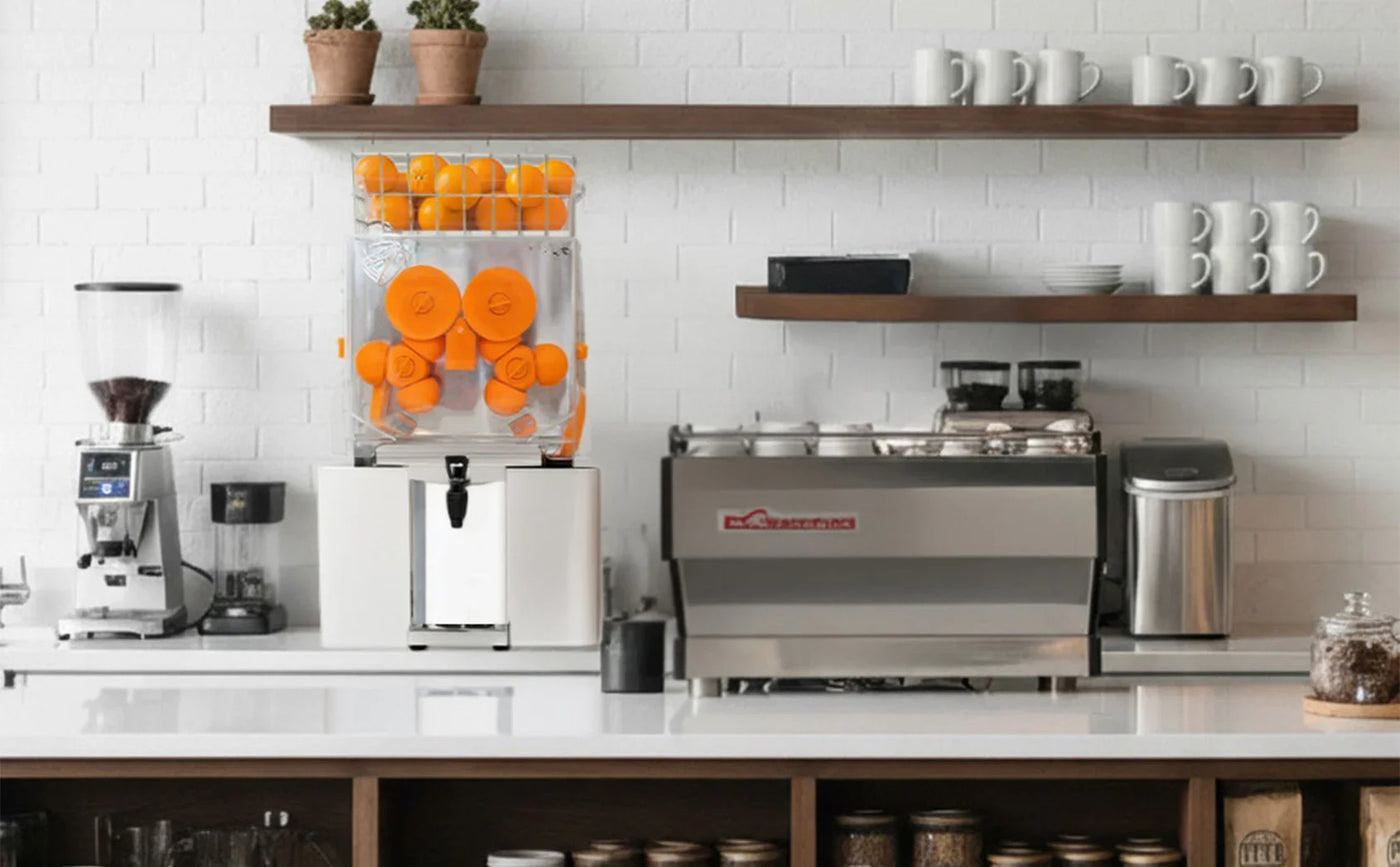 Clear beverage dispenser filled with bright orange citrus fruits, placed on a modern kitchen counter with stainless steel appliances and wooden shelves