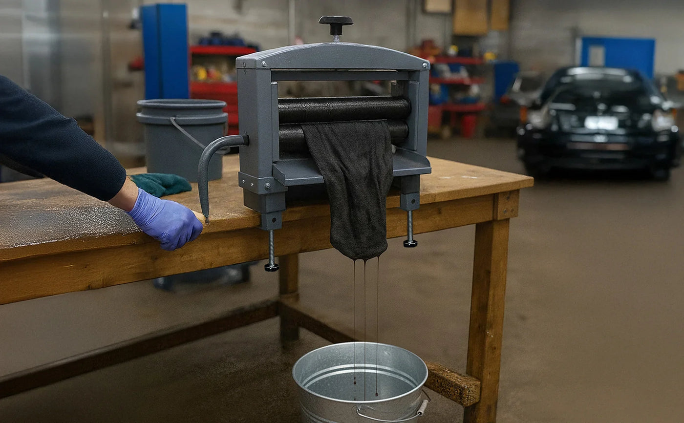 A worker using a gray fabric press to squeeze liquid from a black cloth, with a metal bucket collecting the drips in a workshop setting