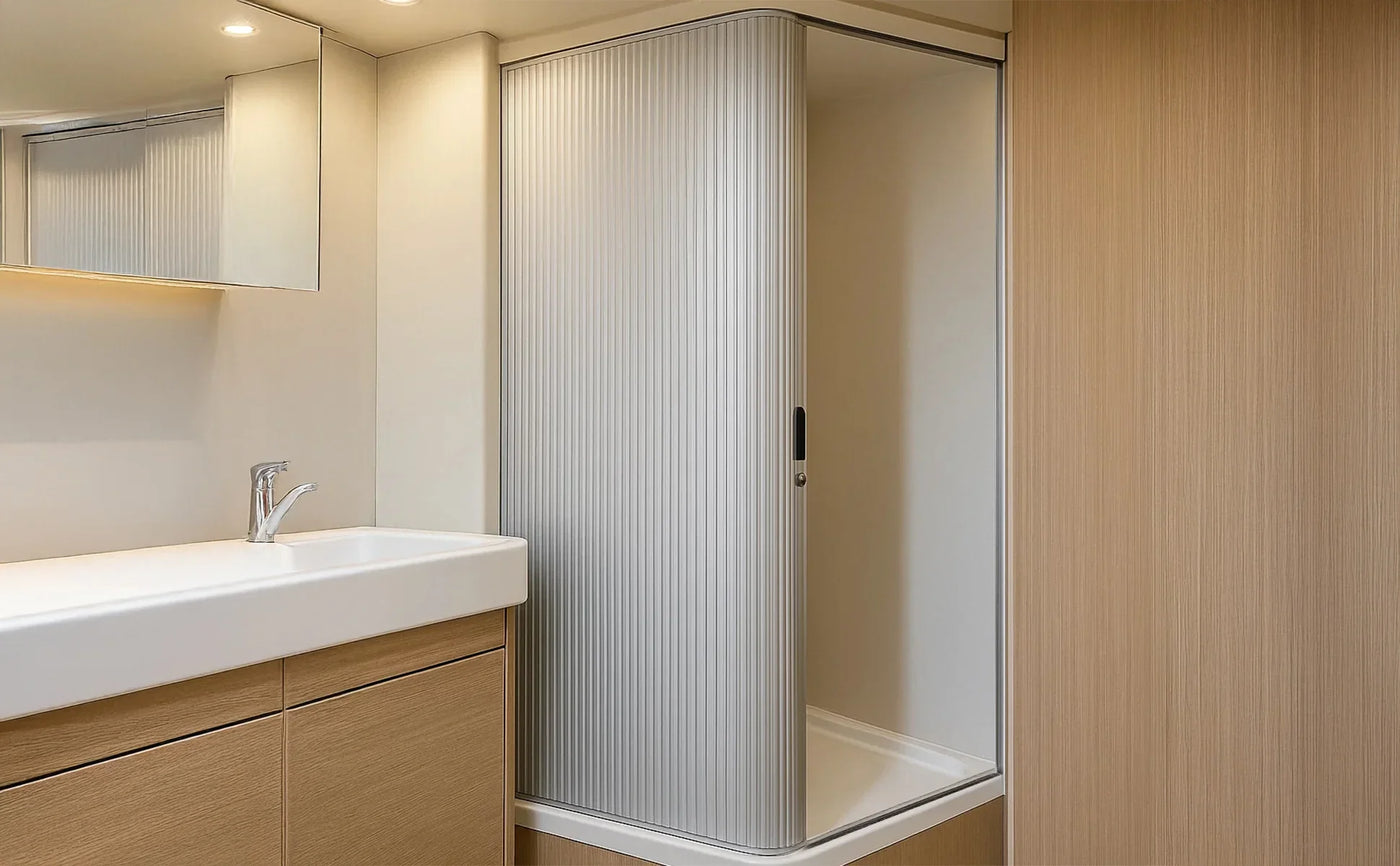 Modern bathroom featuring a sleek, ribbed glass shower enclosure, light wood cabinetry, and a minimalist sink with a chrome faucet