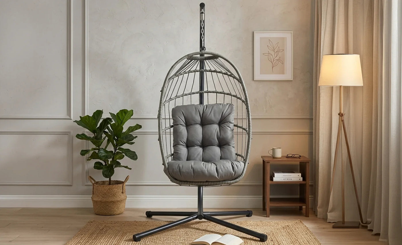 Stylish gray hanging chair with plush cushions, set in a cozy room with a potted plant, lamp, and decorative wall art