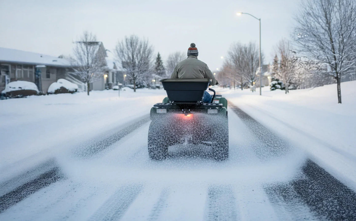 A person on a green ATV clears snow from a quiet, residential street blanketed in white, with trees lining the road
