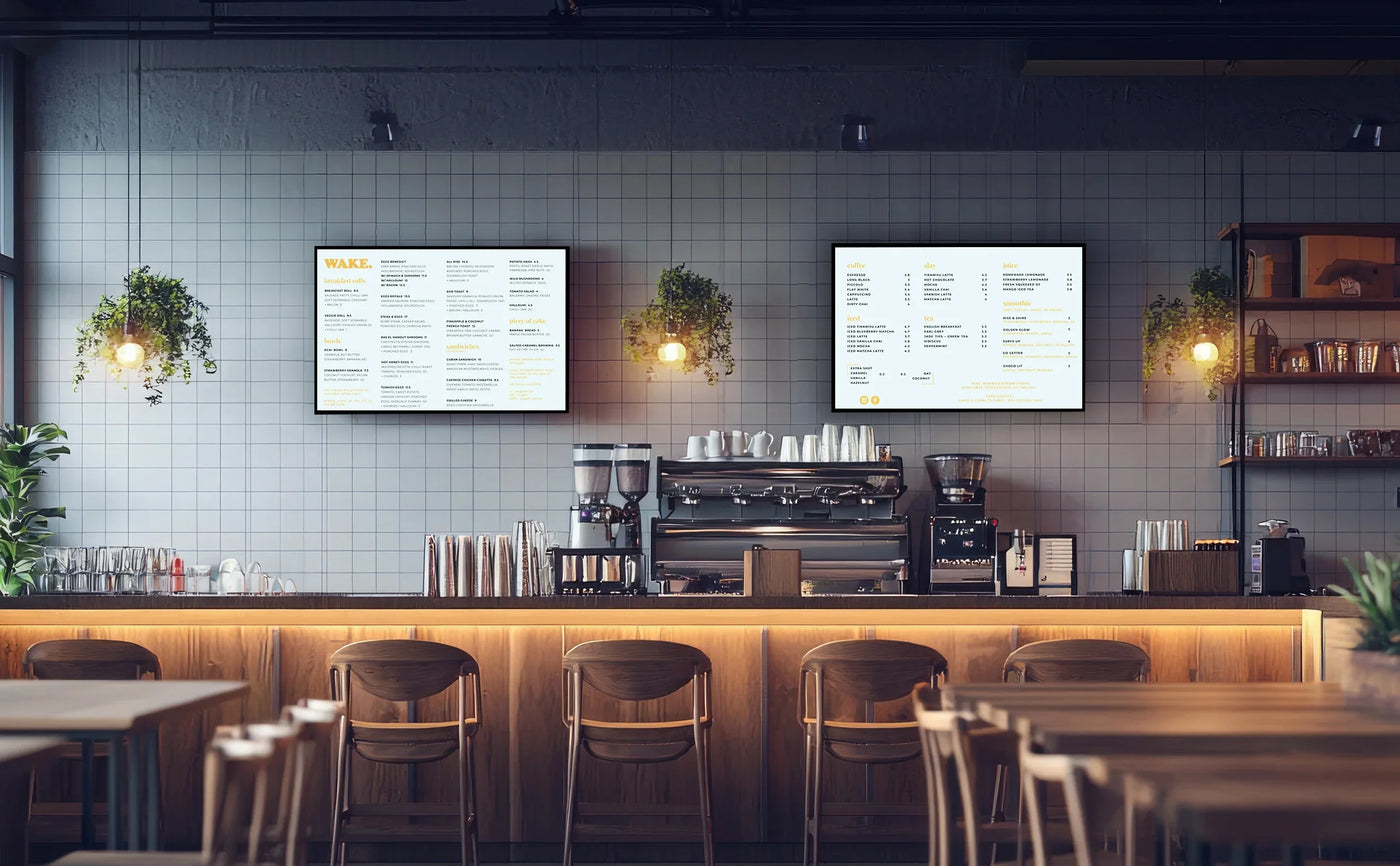 Modern café interior featuring wooden tables, stylish chairs, and illuminated menu boards on a textured gray wall with greenery accents