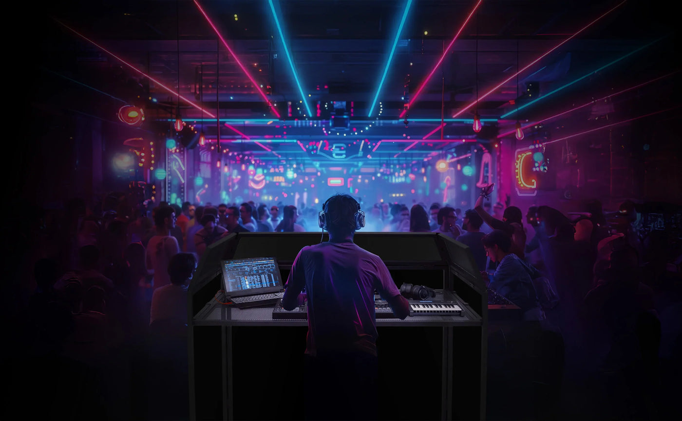 A DJ stands at a sleek black console, mixing music in a vibrant nightclub filled with colorful lights and a lively crowd