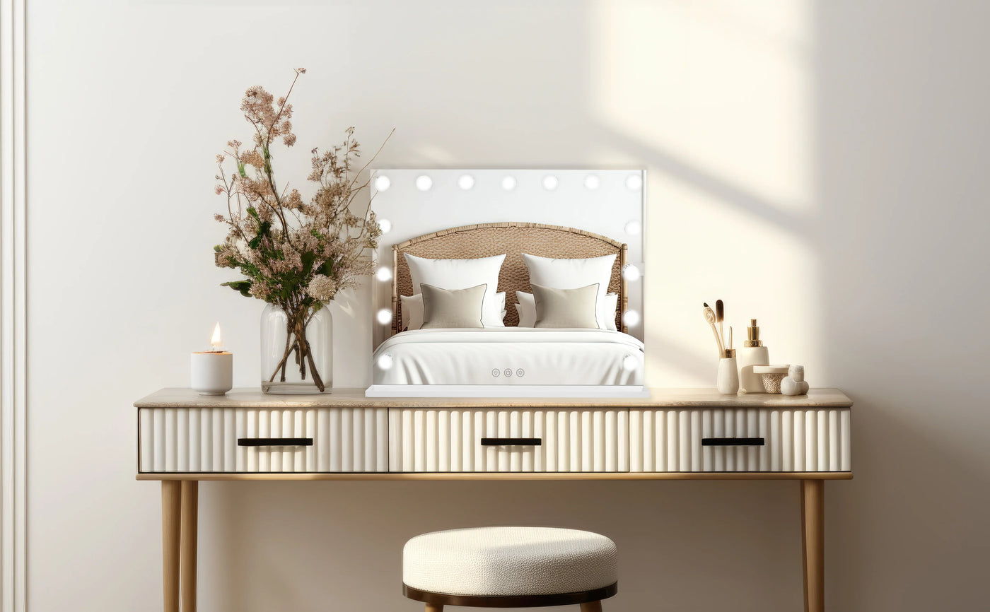 Elegant vanity table with a round stool, adorned with a mirror, fresh flowers, a candle, and stylish decor in soft neutral tones