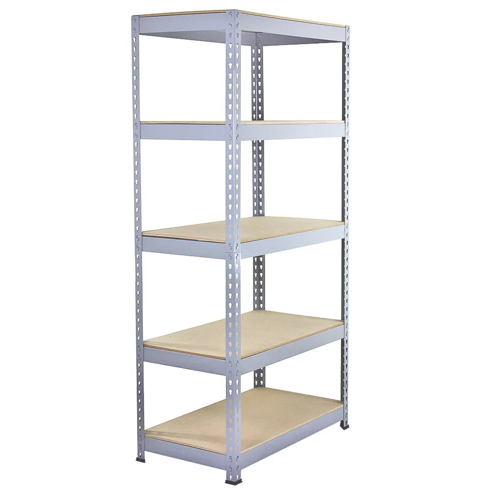 Grey metal racking unit with five shelves, measuring 90 x 50 x 180cm, featuring a sturdy design and smooth surfaces for storage