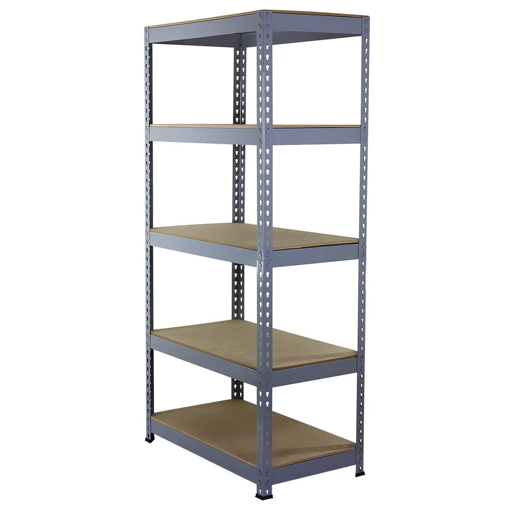Grey Q-Rax shelving unit with five sturdy shelves, measuring 90cm x 180cm x 50cm, featuring a sleek metal frame and wooden surfaces