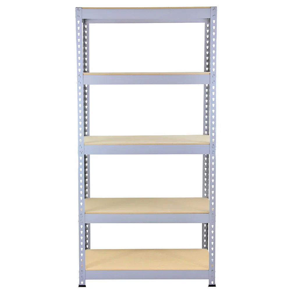 Grey metal racking unit with five sturdy wooden shelves, measuring 90 x 50 x 180cm, ideal for storage and organization