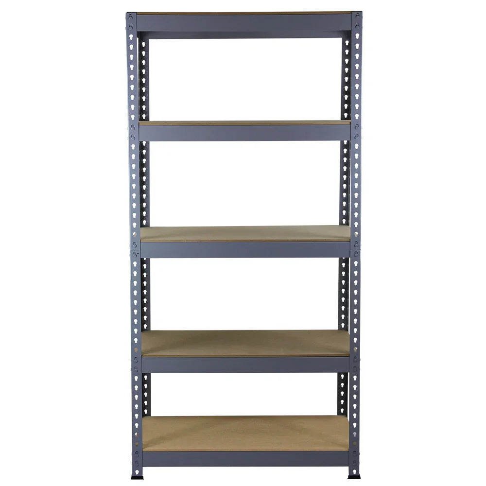 Q-Rax grey shelving unit with five sturdy shelves, featuring a sleek metal frame and smooth wooden surfaces, ideal for storage