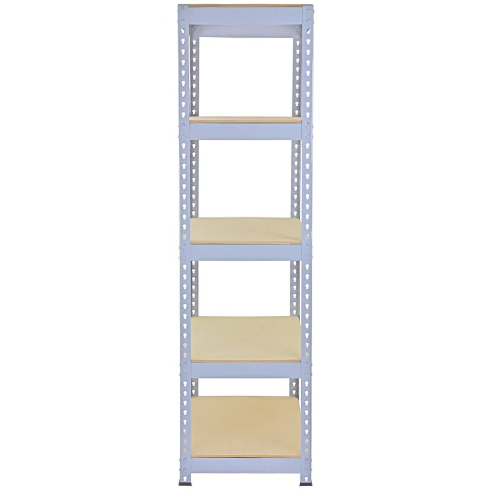Grey metal racking unit with five shelves, measuring 90 x 50 x 180cm, featuring a sturdy design and smooth surfaces for storage