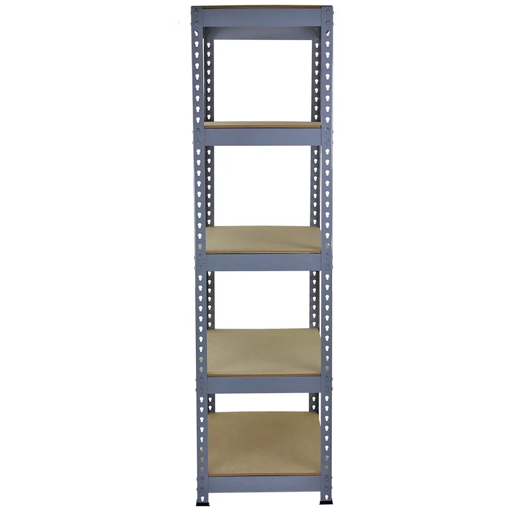 Q-Rax grey shelving unit with five sturdy shelves, featuring a sleek metal frame and smooth wooden surfaces, ideal for storage