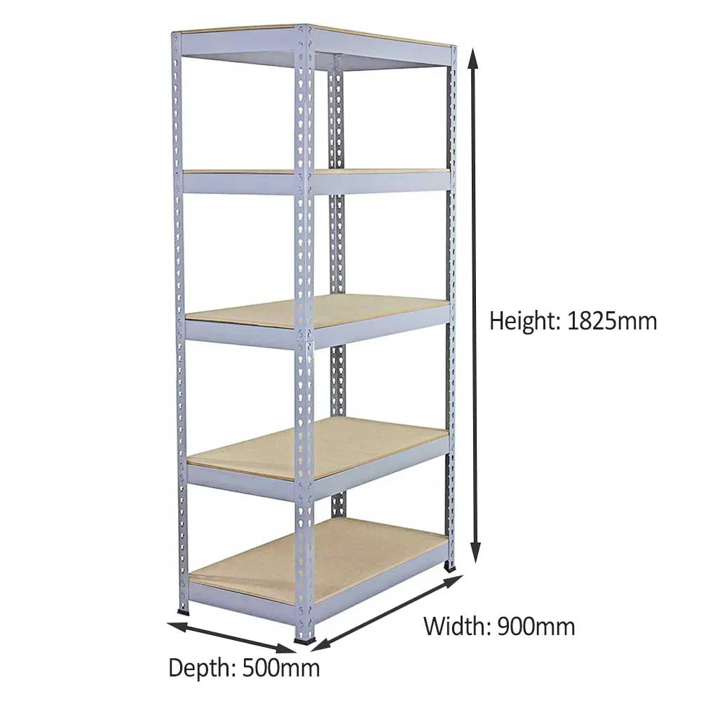 Grey metal racking unit with five shelves, measuring 90 x 50 x 180 cm, featuring a sturdy design and smooth wooden surfaces