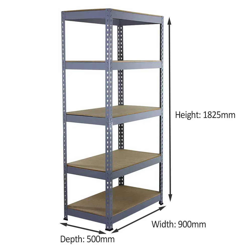 Q-Rax grey shelving unit with five sturdy wooden shelves, measuring 90cm wide, 180cm high, and 50cm deep, ideal for storage