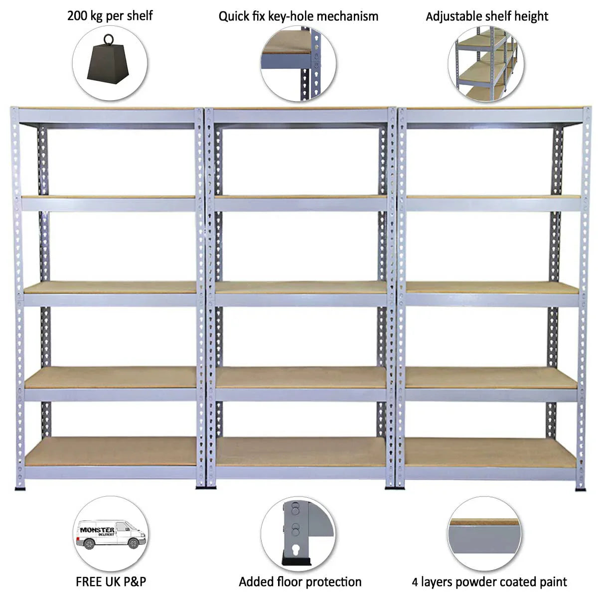 Grey metal racking units featuring six adjustable shelves, sturdy construction, and a quick fix key-hole mechanism for easy assembly