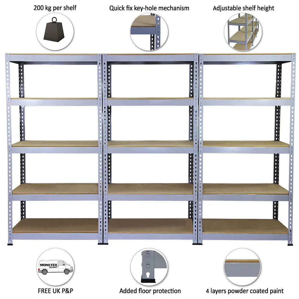 Q-Rax grey shelving unit with adjustable shelves, sturdy metal frame, and wood-textured shelves, ideal for storage and organization