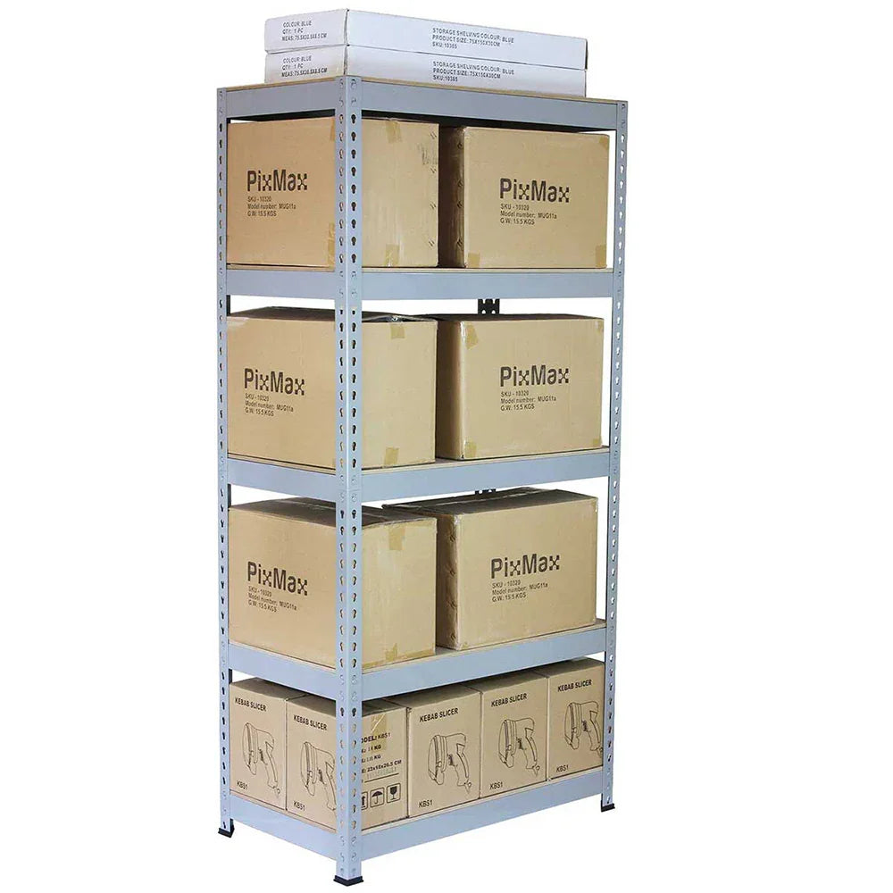Q-Rax grey shelving unit, 90cm x 180cm x 50cm, featuring four sturdy shelves holding stacked cardboard boxes for organized storage
